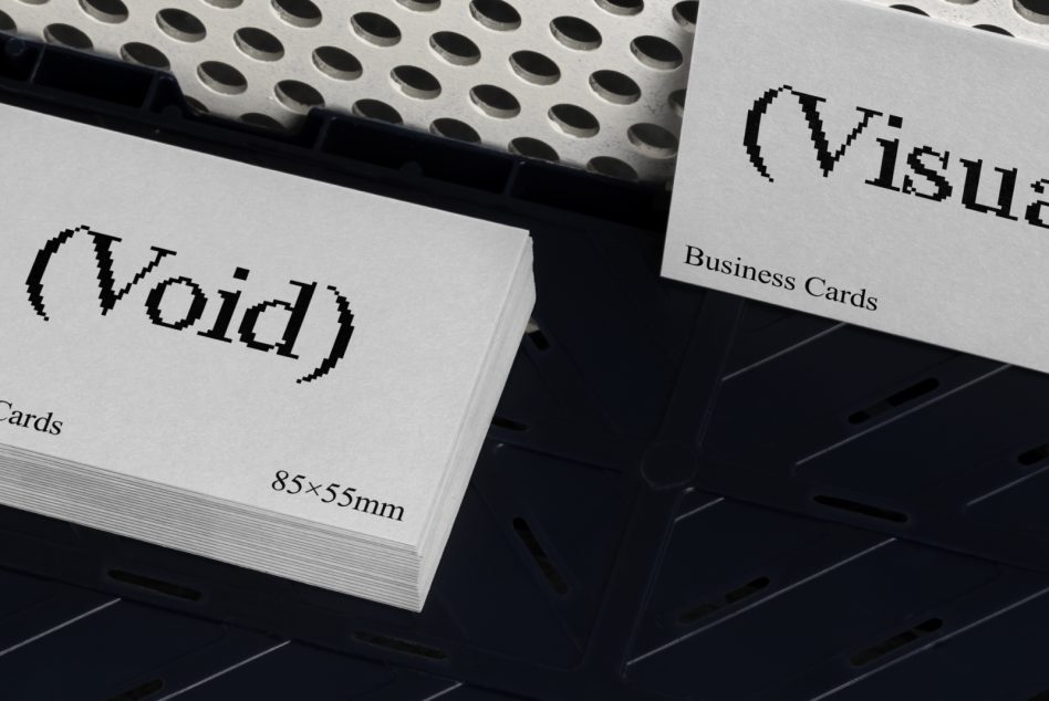 Stack of gray business cards featuring the word Void in pixelated font 85x55mm size displayed on a dark blue tray textured background mockup for designers