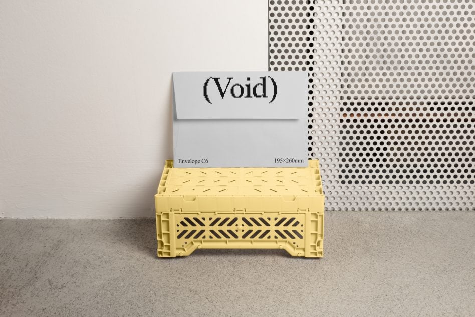 C6 envelope mockup in white with pixelated logo on yellow shipping crate
