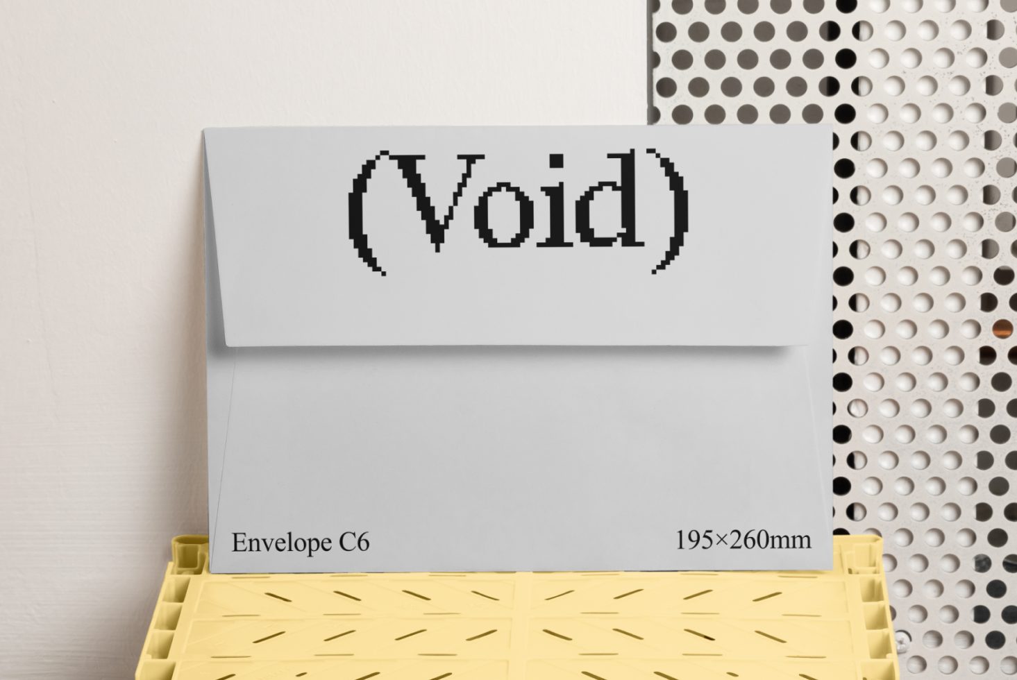 C6 envelope mockup with Void design printed, 195x260mm. Ideal for graphic designers. Keywords: mockup, envelope, design, template, C6 envelope, digital assets.