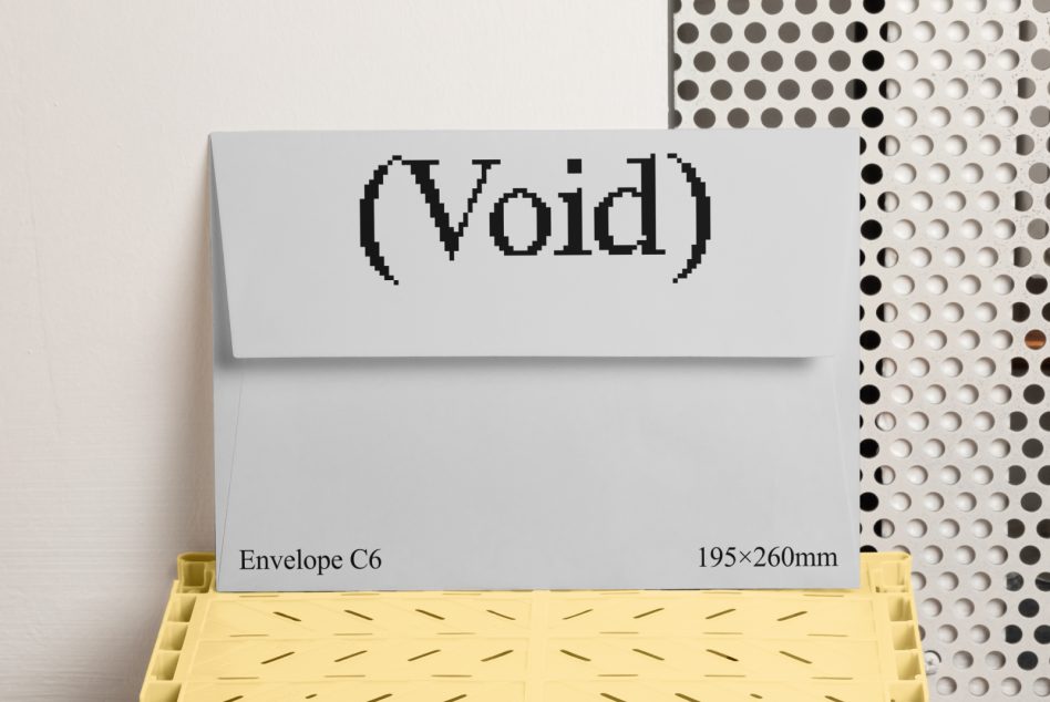 C6 envelope mockup in white with pixelated logo on yellow shipping crate