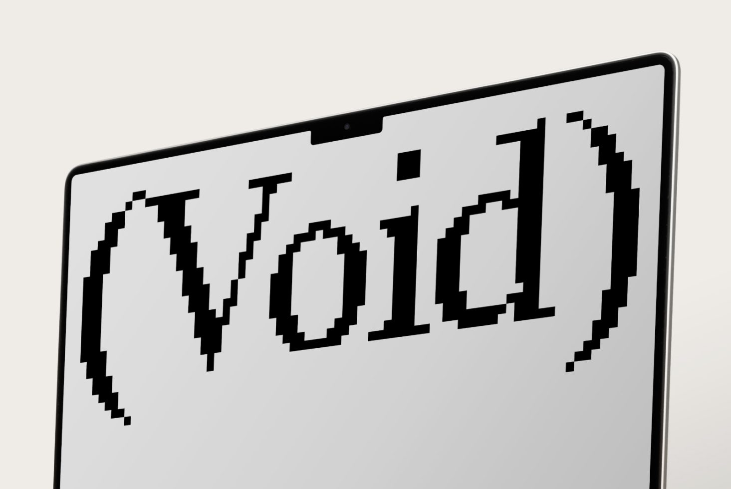 Digitally rendered word Void displayed in pixelated font on a screen mockup. Ideal for designers seeking unique font styles for digital projects.