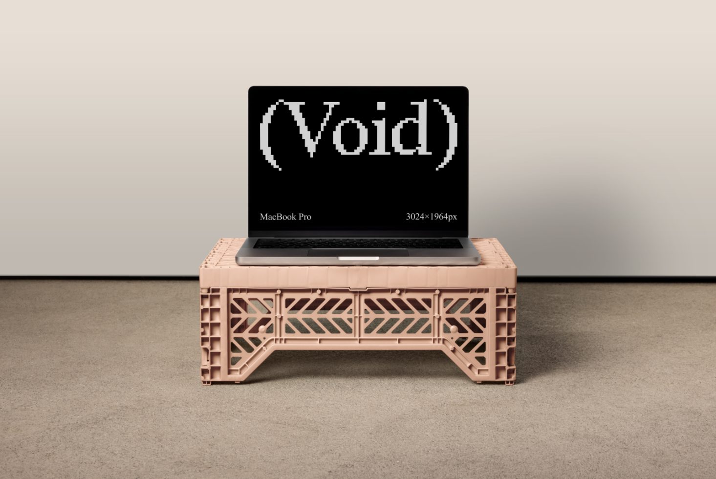 Mockup of a MacBook Pro placed on a beige plastic crate with Void text on the screen in pixel art, ideal for showcasing designs and templates in high resolution.