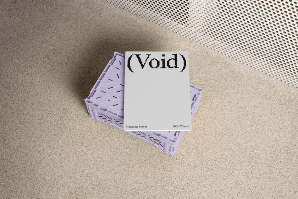 White magazine cover mockup with pixelated Void text on lavender crate base