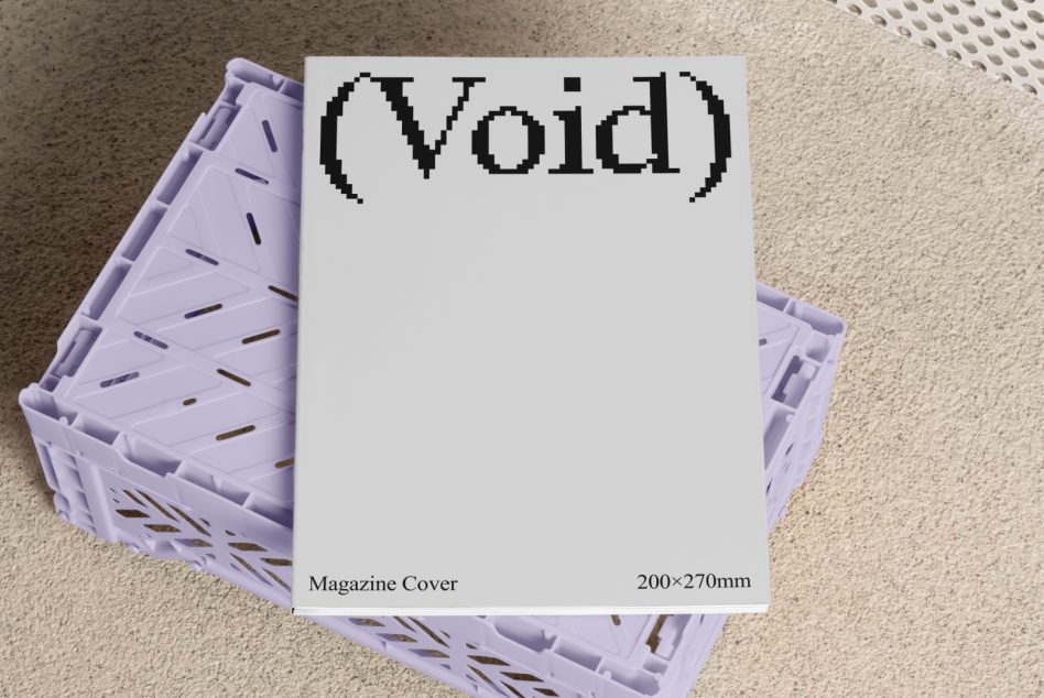 White magazine cover mockup with pixelated Void text on purple crate backdrop