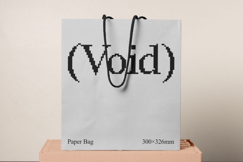 Mockup of a paper bag with pixelated text Void and dimensions 300x326mm. Ideal for showcasing packaging designs. Keywords: mockup, graphic design, packaging.