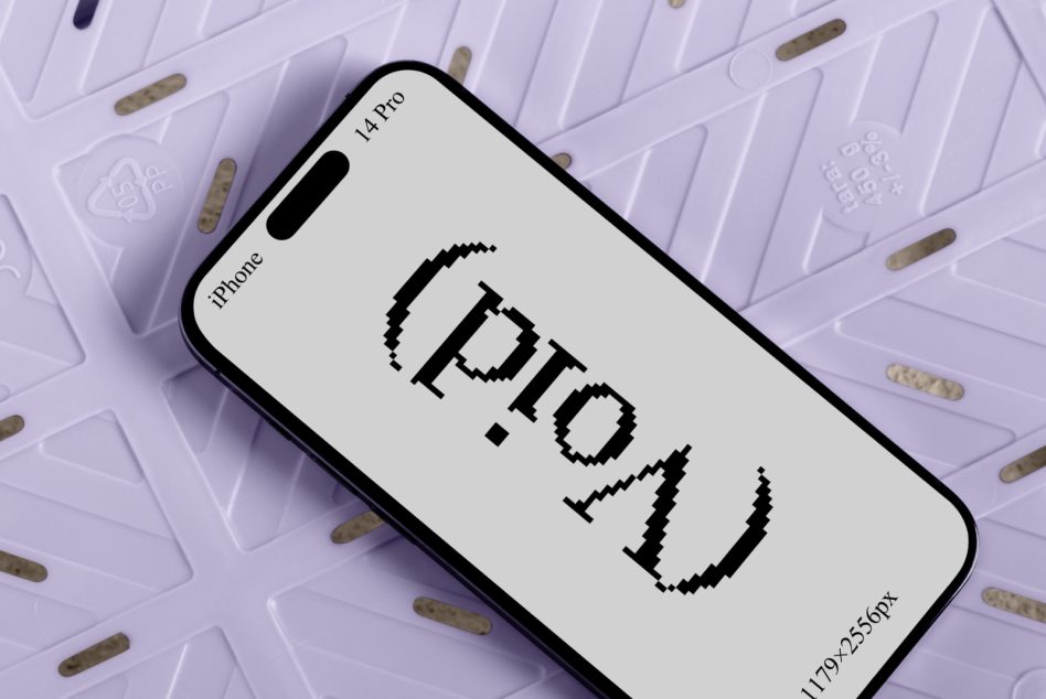 iPhone 14 Pro mockup on lavender background displaying pixelated text void 1179x2556px resolution digital asset for designers. Keywords Mockups Templates Graphics