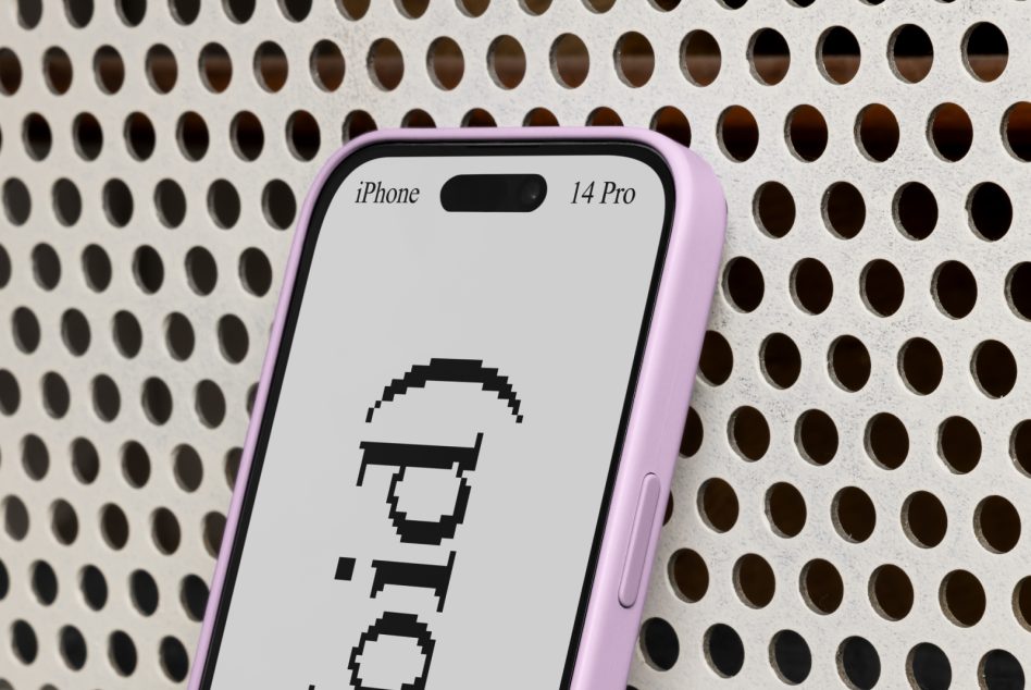 iPhone 14 Pro mockup with purple case. Customizable screen with pixelated font design. Ideal for app design, UI/UX, digital assets, and graphic templates.