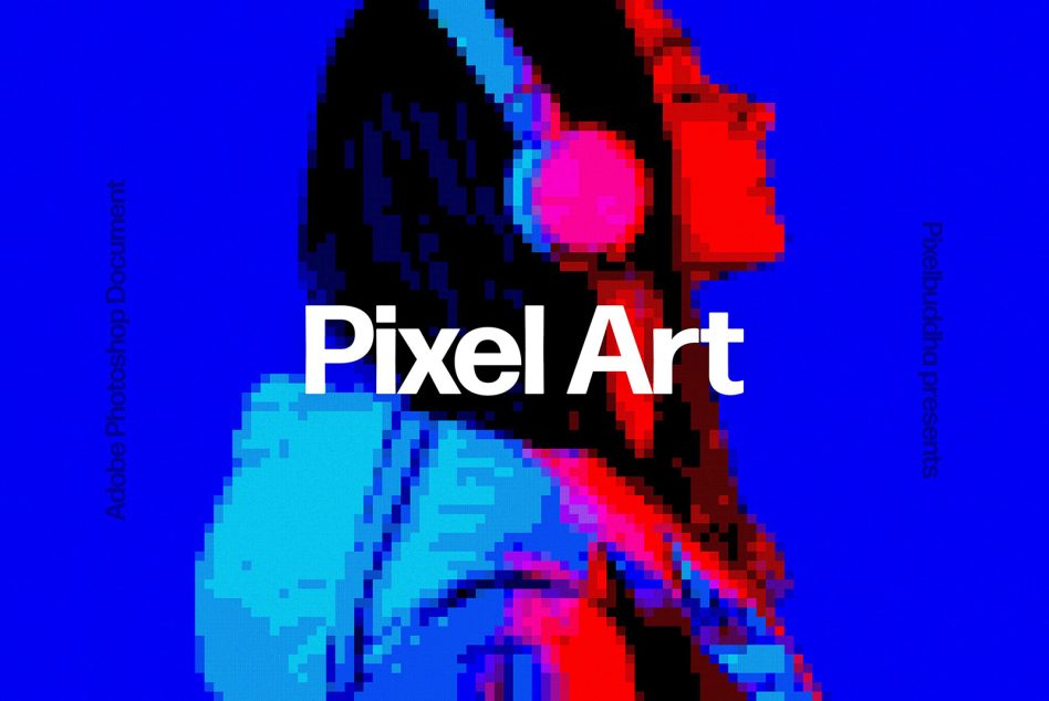 Pixel art poster featuring side view of a person wearing headphones in vibrant colors. Perfect for design mockups, templates, and graphics assets.