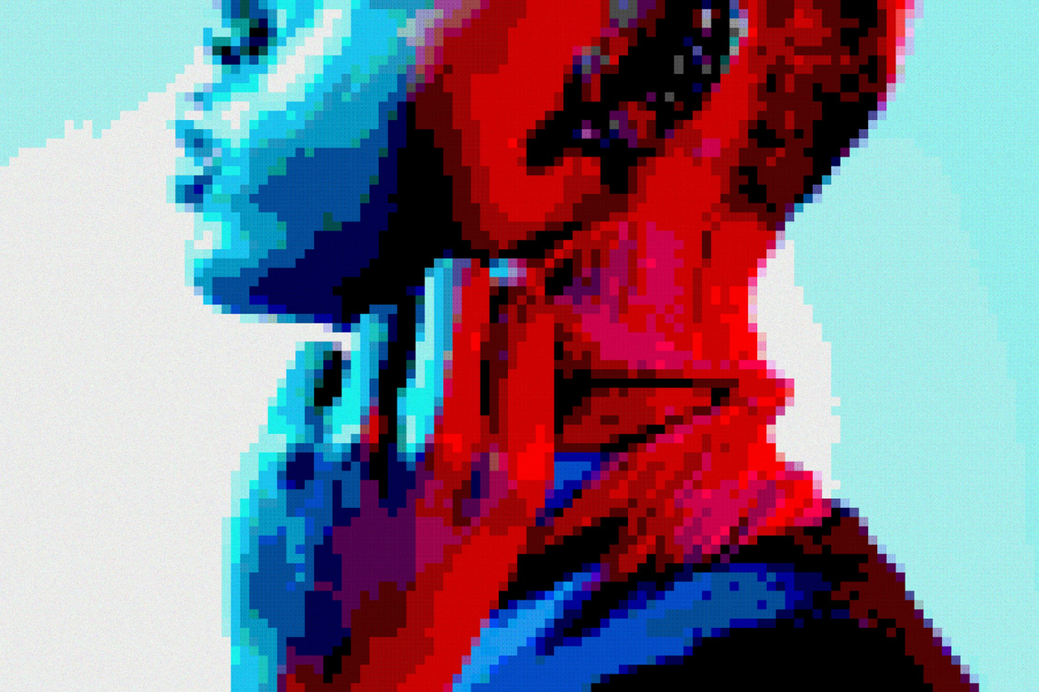 Pixel art portrait in blue and red hues depicting a side profile of a person. Ideal for use in graphics, templates, mockups, and digital design assets.