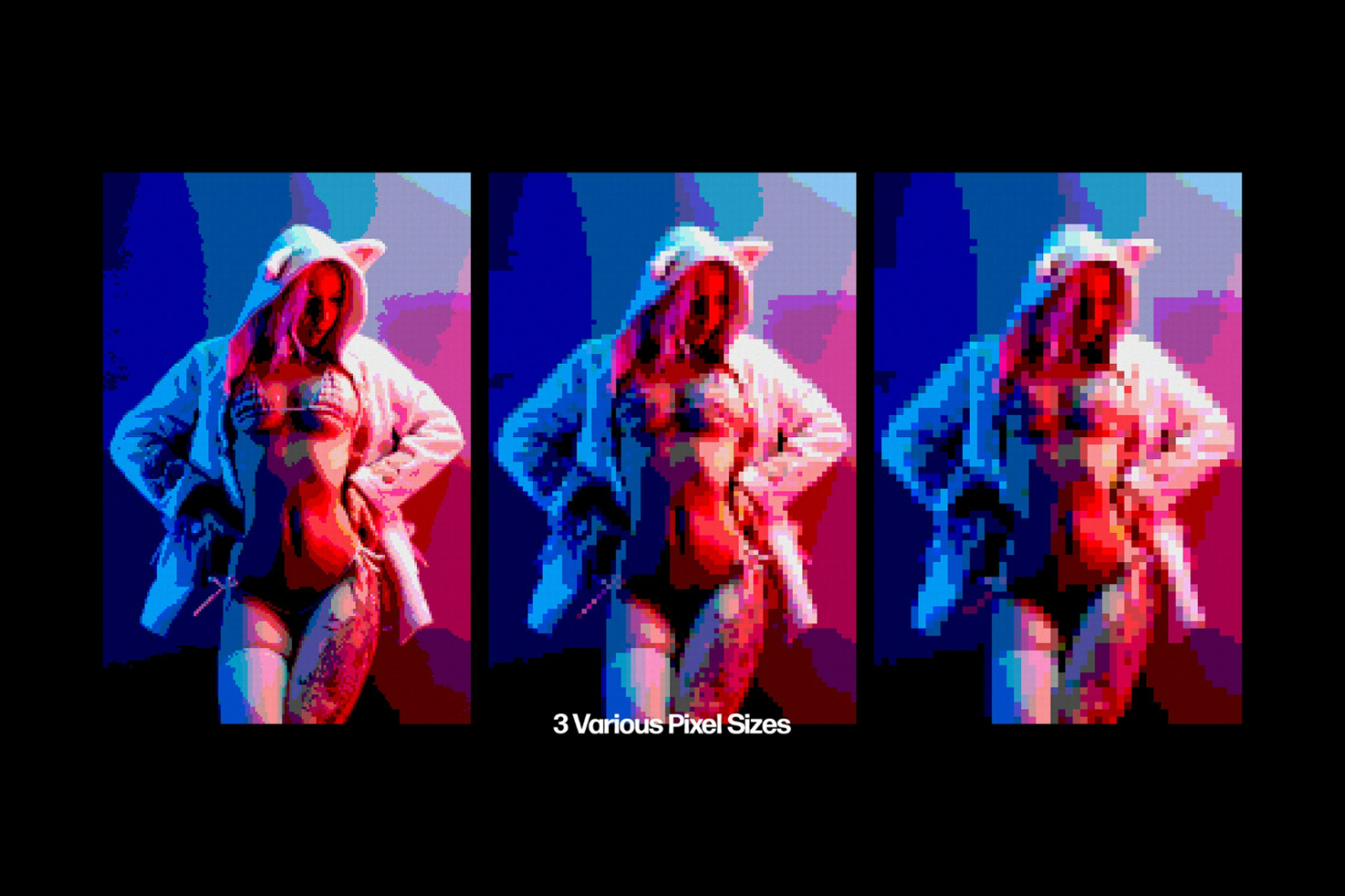 Pixel art graphic of a person in a hooded outfit, showing 3 variations of pixel sizes. Ideal for designers, digital assets, mockups, and graphic templates.