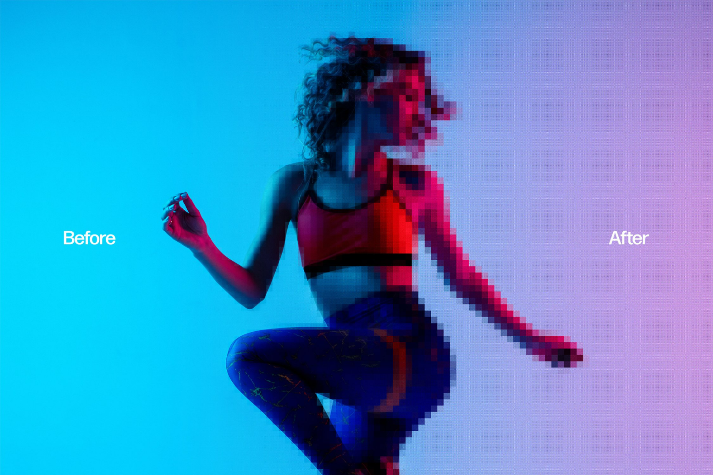 Woman in athletic wear, split into pixelated halves with Before and After text. Perfect for showcasing graphic editing skills in Templates and Mockups categories.