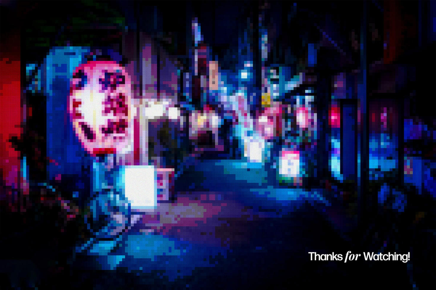 Pixelated night street scene with illuminated signs and lanterns. Perfect for backgrounds, mockups, templates. Bold neon colors, urban, vibrant lights.