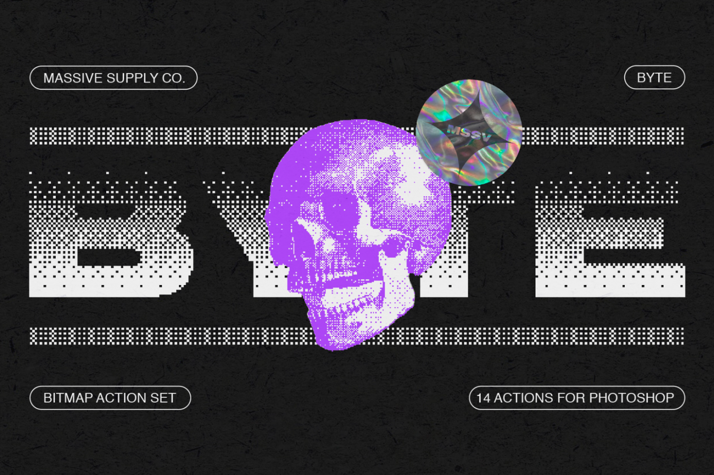 Skull design in purple on black background with pixelated white text BYTE. Includes bitmap action set with 14 actions for Photoshop. Ideal for graphic design.