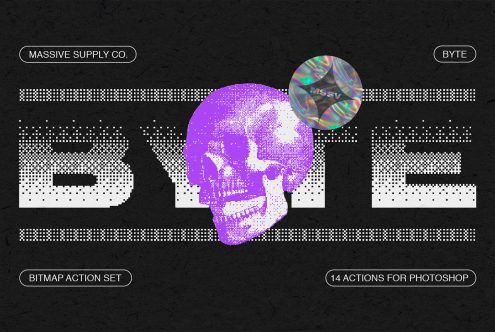 Bitmap Action Set showcased with a bold pixelated BYTE text, holographic sticker, and purple skull graphic. Includes 14 Photoshop actions. Template, Graphics.