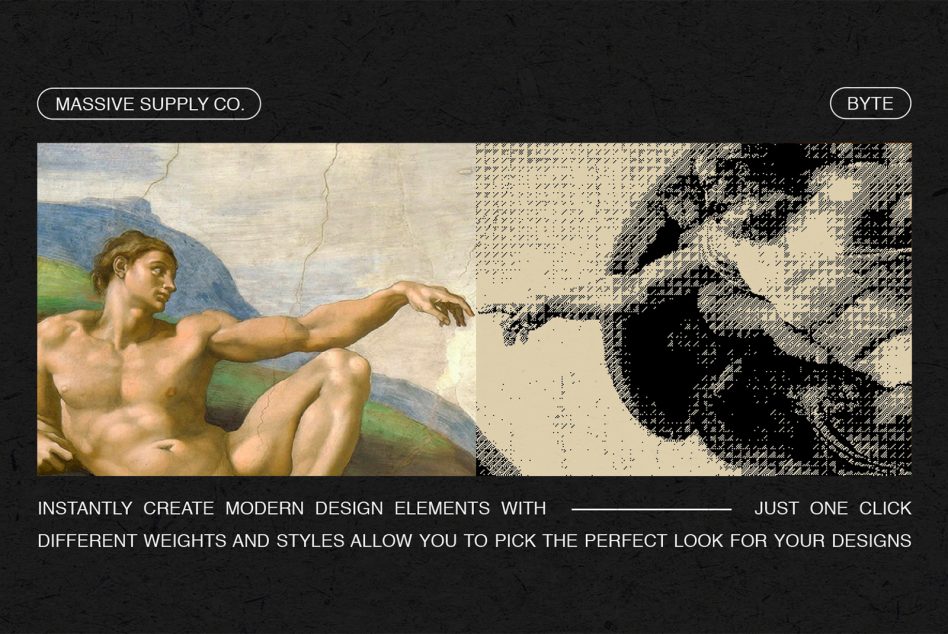 Modern design template featuring Renaissance art on the left and a digital version on the right. Suitable for creating design elements with different styles.