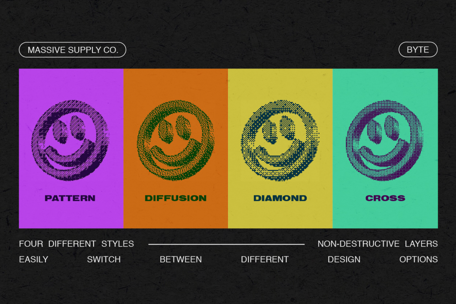 Vector designs showing smiley faces in four different halftone styles pattern diffusion diamond cross for versatile graphic design mockups