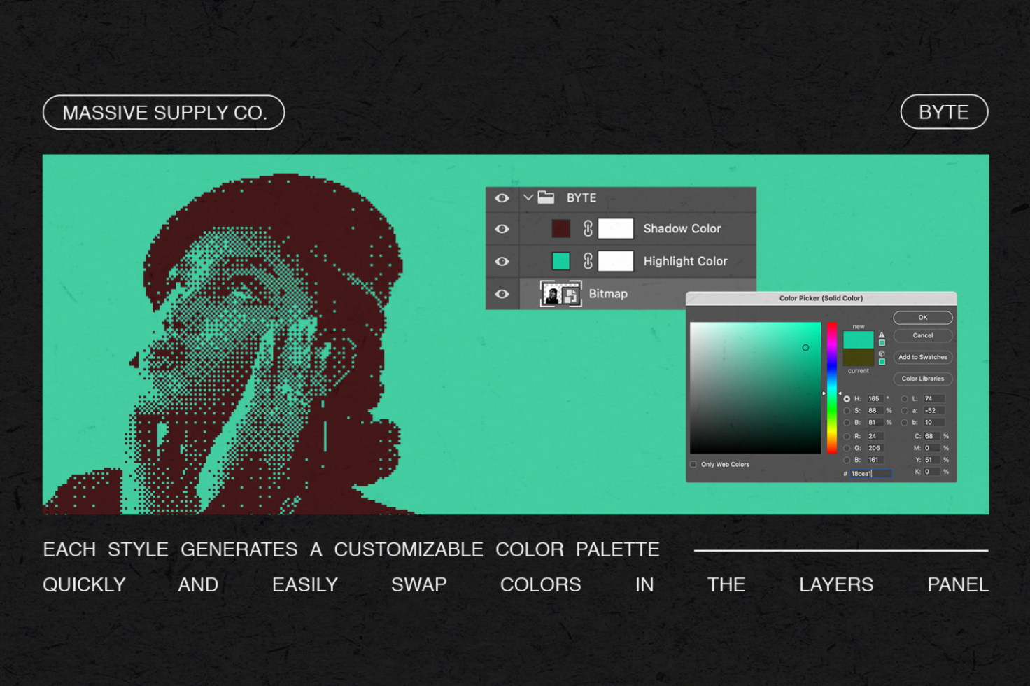 Editable pixel art graphic image for designers featuring customizable color palettes in the layers panel with a color picker tool to easily swap colors.