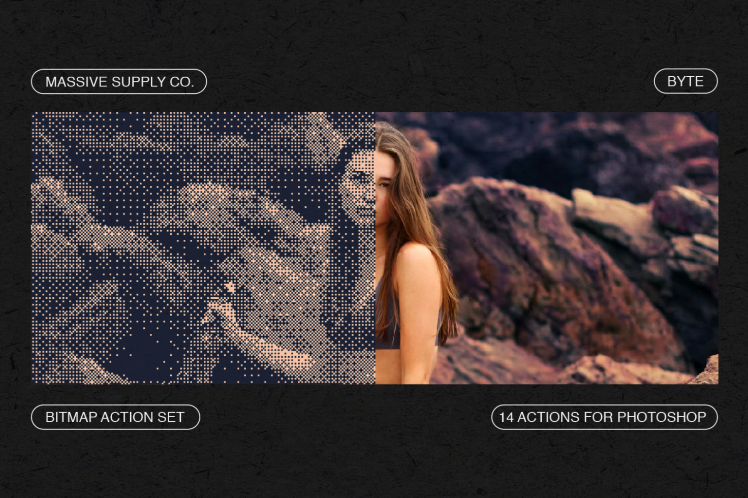 A woman stands with rocky backdrop. Image split shows original and bitmap effect from the Bitmap Action Set. Text: 14 Actions for Photoshop. Keywords: Mockups, Graphics.