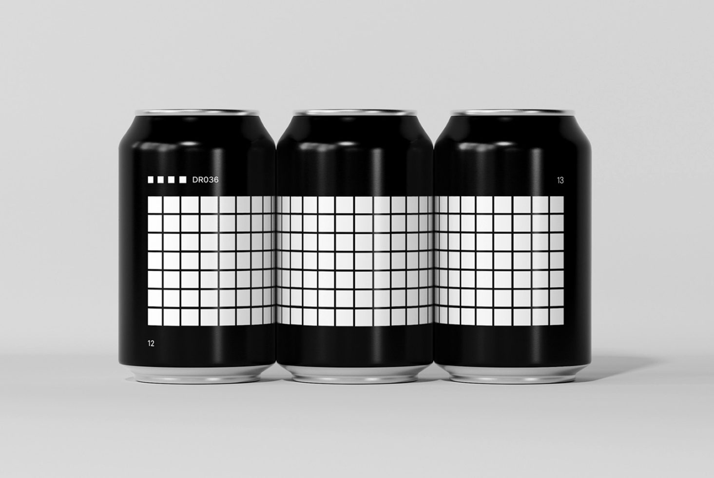 Three sleek black soda can mockups with a grid pattern design suitable for branding projects or product displays. Perfect for designers seeking high-quality templates.