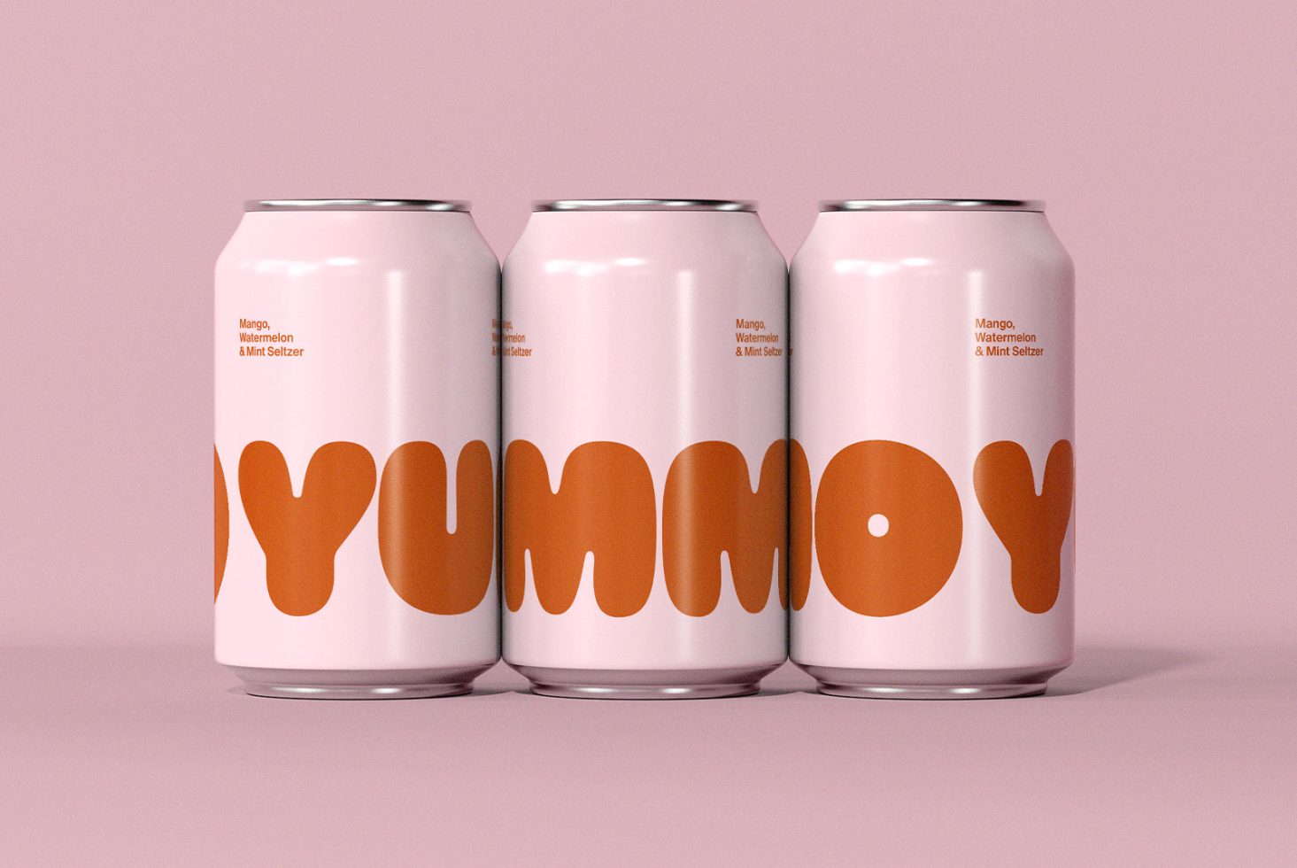 Three seltzer cans with minimalist white and orange design on a light pink background perfect for packaging mockups and graphic design presentations.