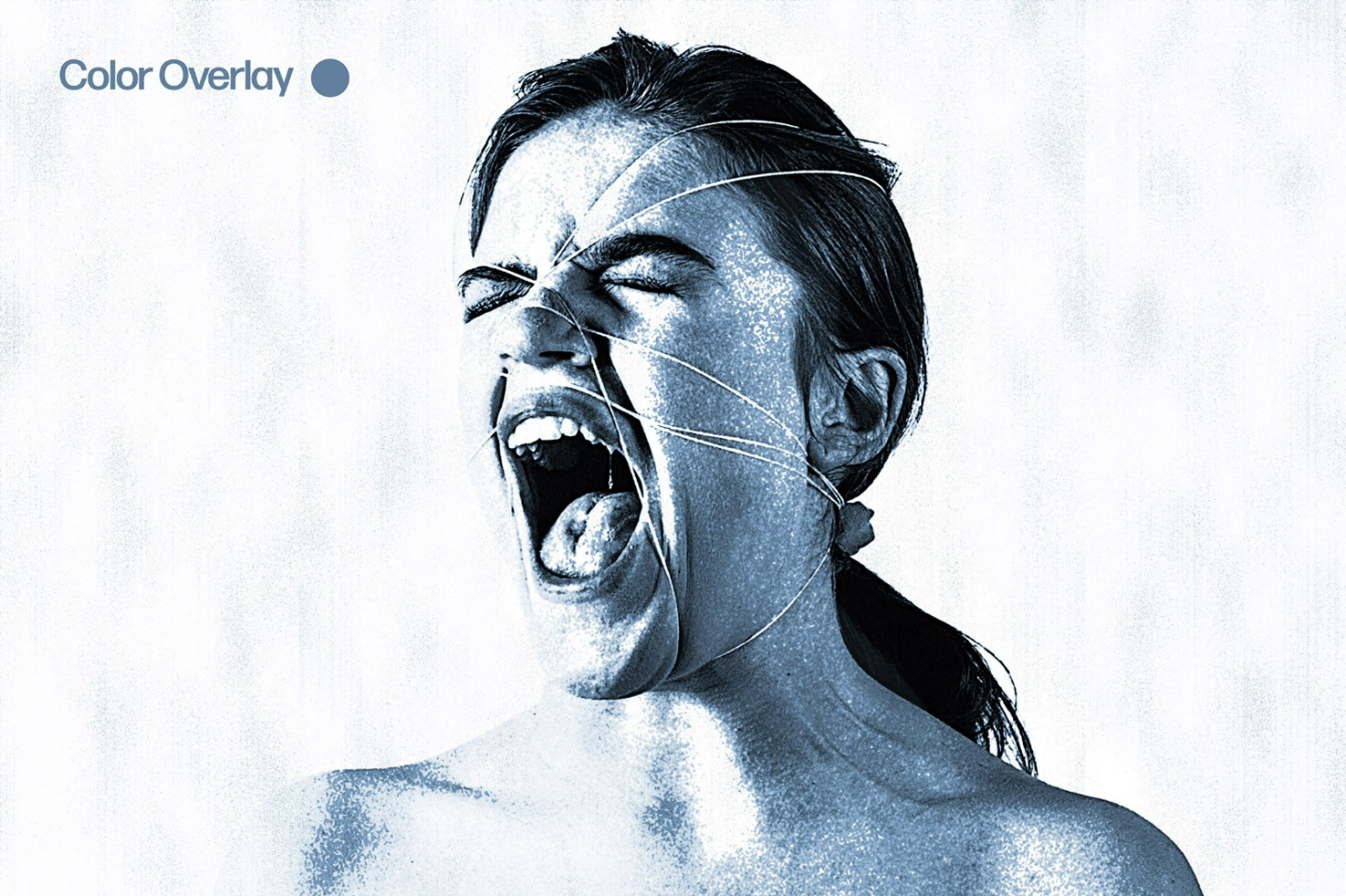 Surreal graphic design featuring a screaming face in monochromatic color overlay, suitable for artistic mockups, backgrounds or creative templates for designers.