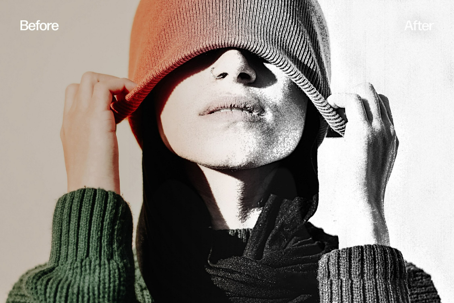 Black and white portrait of a person wearing a beanie. Color and desaturated split effect showing before and after. Perfect for mockup designs and graphics.