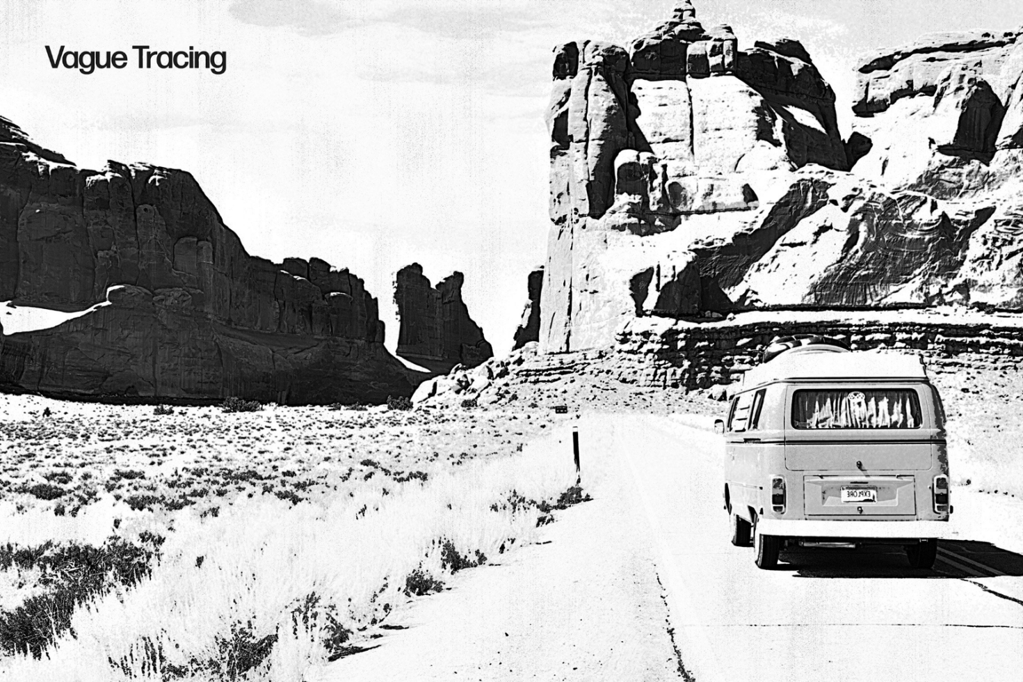 Black and white sketch-style graphic of a camper van driving through a desert landscape with large rock formations ideal for designers and digital mockups