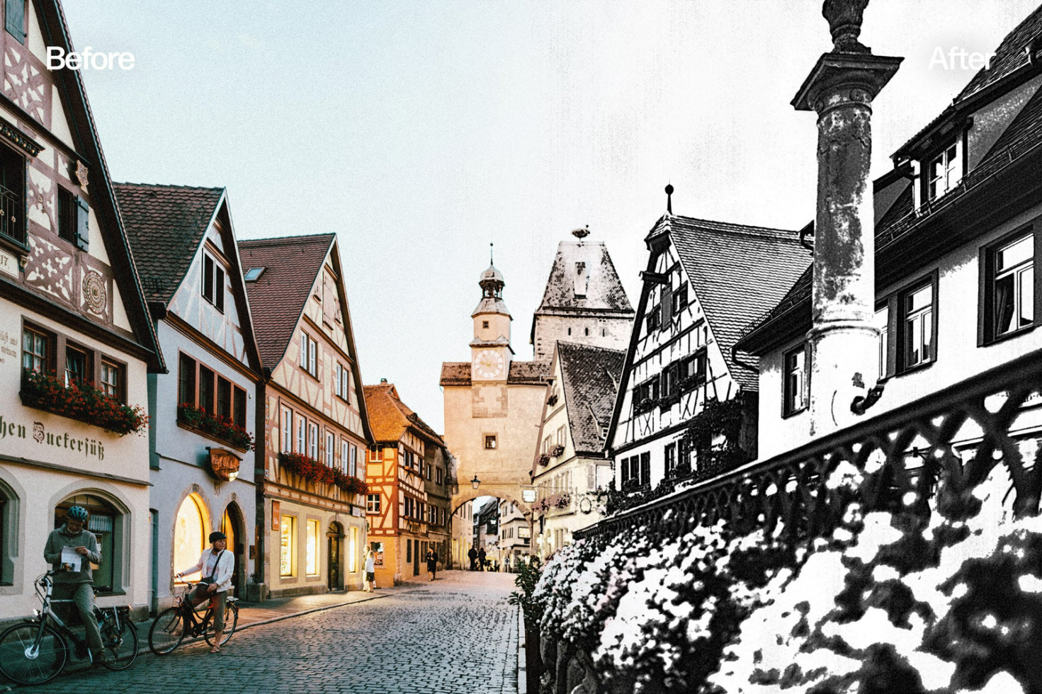 Side-by-side image with a color enhancement effect on a village street with quaint houses; mockup for design showcasing photo edit contrast; template use