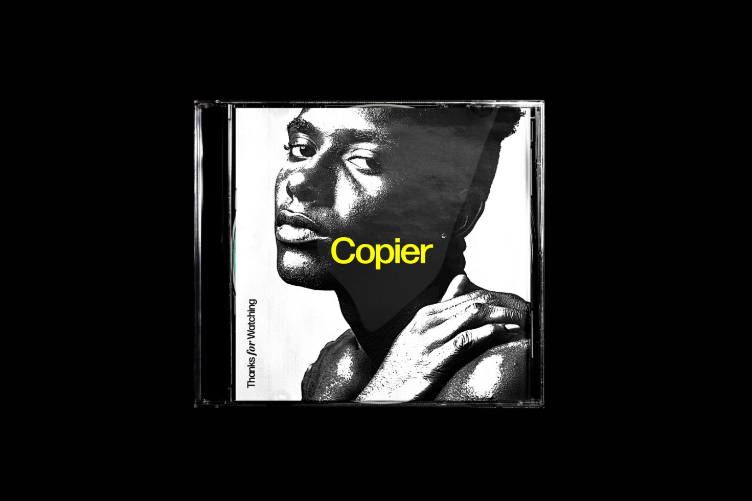 High contrast album cover mockup featuring a monochrome portrait with the word Copier in bold yellow text, ideal for graphic design projects.