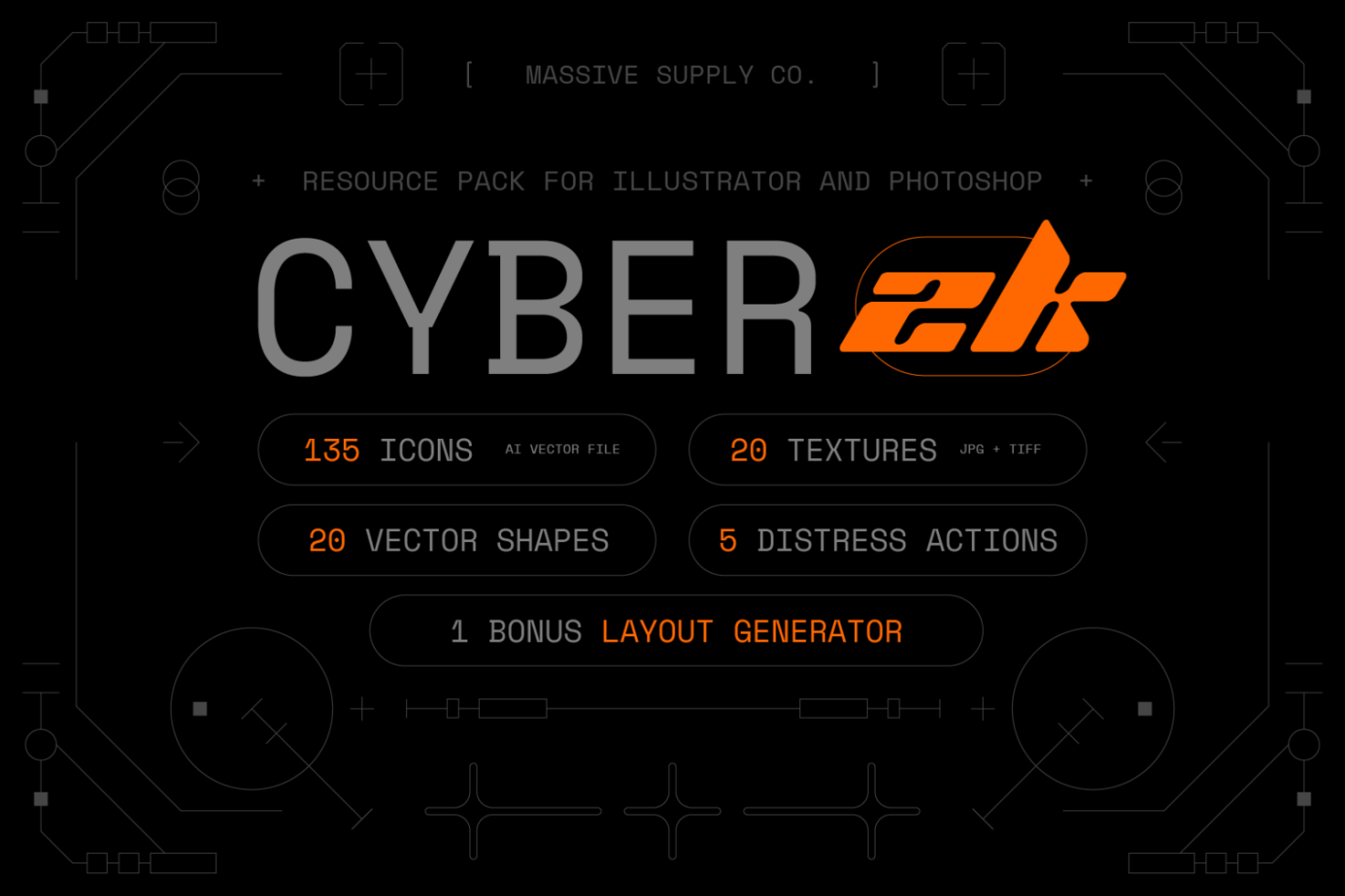 Cyber2k resource pack for designers. Includes 135 vector icons, 20 textures, 20 vector shapes, 5 distress actions, and bonus layout generator. Mockups.