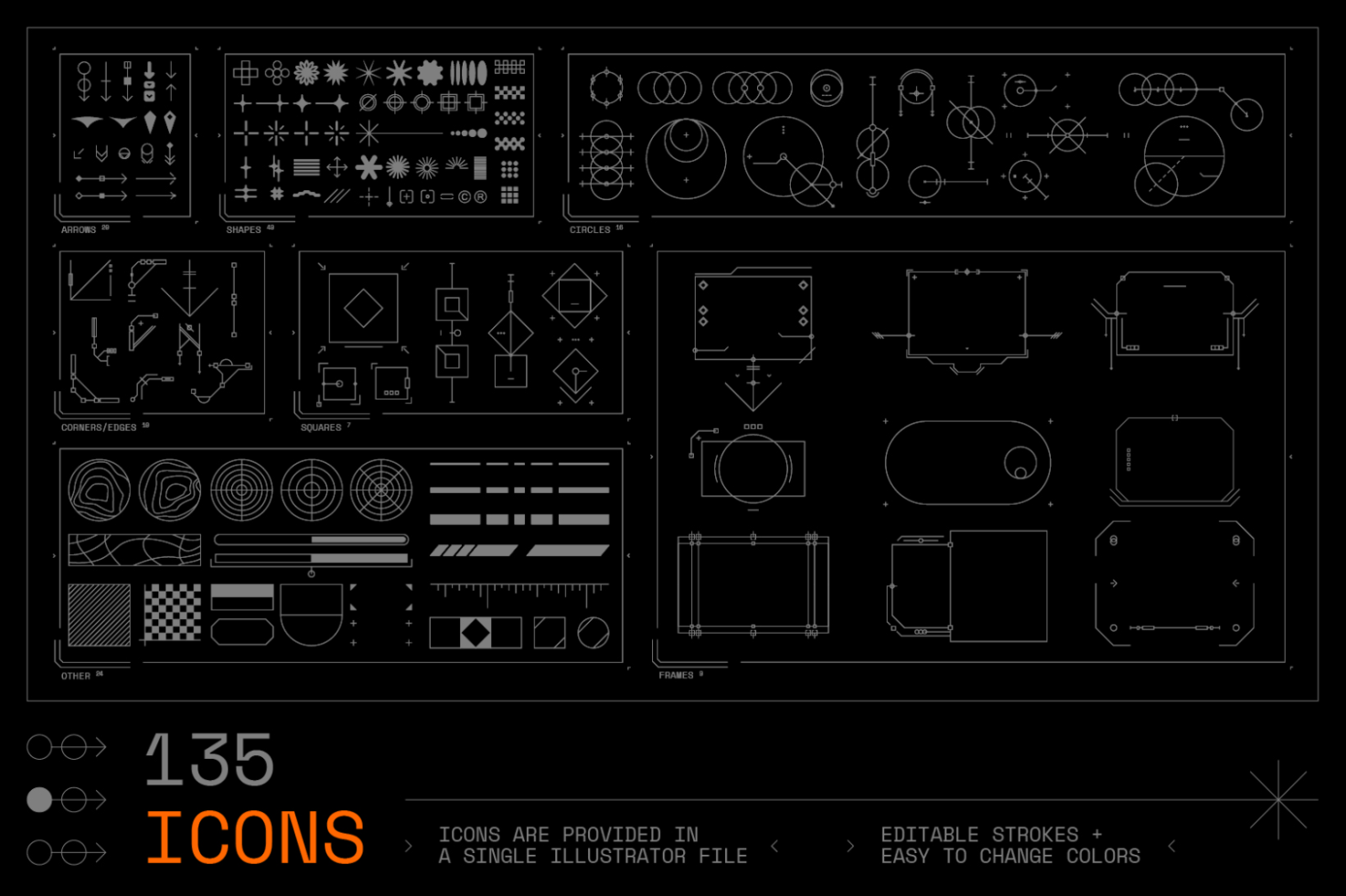 135 futuristic vector icons collection for designers. Includes arrows, shapes, circles, squares, corners, edges, and frames in editable Illustrator file.