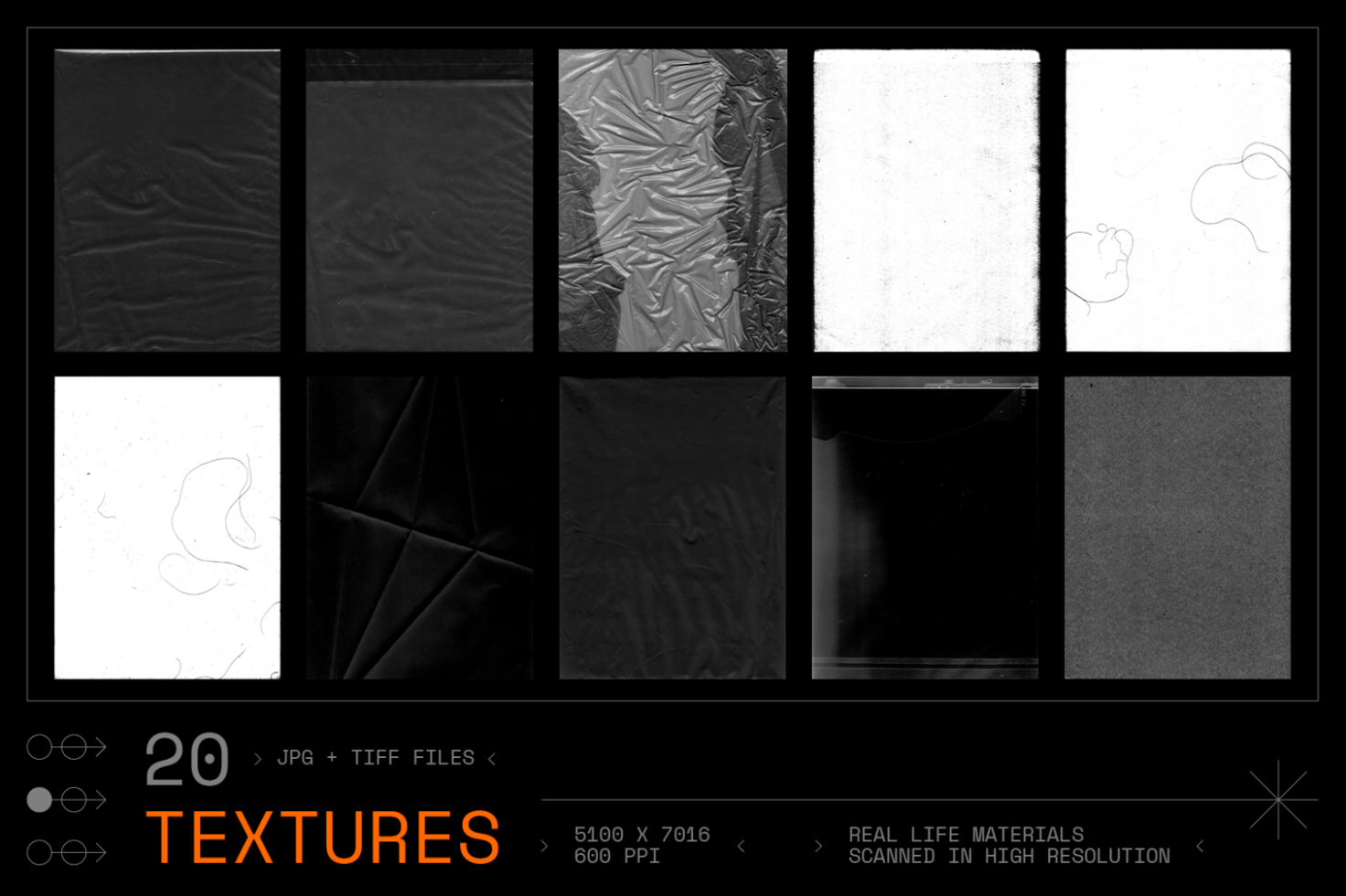 A set of 20 high-resolution textures in JPG and TIFF formats scanned from real-life materials for designers. Categories: Mockups, Templates. Size: 5100x7016, 600 PPI.