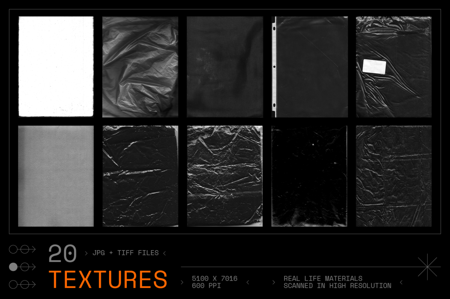 20 high-resolution textures in JPG and TIFF format for designers. Scanned real-life materials. Perfect for mockups, templates, and graphic projects.