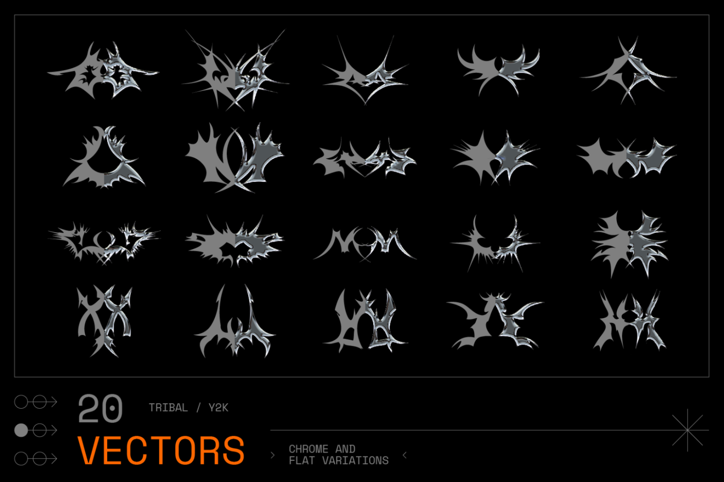 Set of 20 unique tribal and Y2K vector graphics. Includes chrome and flat variations. Ideal for graphic design, templates, and digital assets.