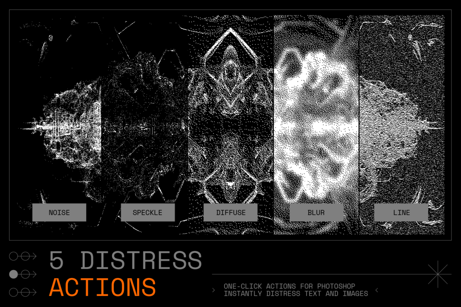 Photoshop distress actions pack for designers includes five effects noise speckle diffuse blur line. Ideal for mockups graphics templates. Instant distress.