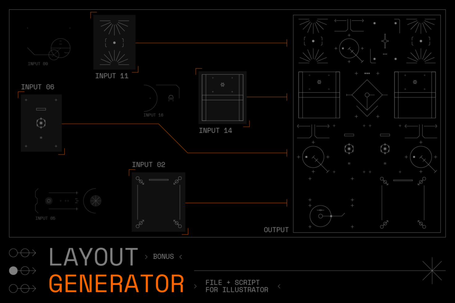 Illustrator layout generator script file for designers. Includes various input boxes and output connections. Perfect for creating complex designs and templates.