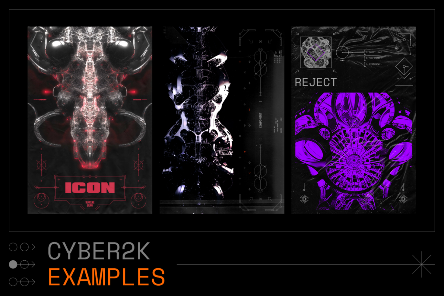 Three futuristic digital poster templates with cyberpunk theme showcasing abstract designs in red, black and purple colors, perfect for mockups and graphics.