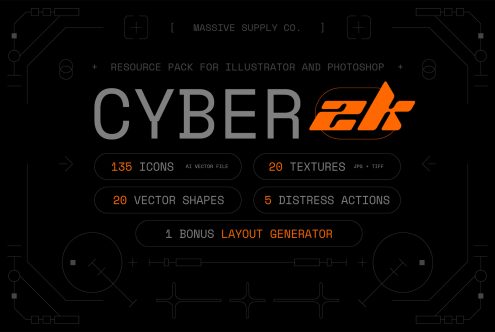 Cyber2k Resource Pack for Illustrator and Photoshop. Includes 135 icons, 20 textures, vector shapes, distress actions. For designers. Ideal for graphic design.