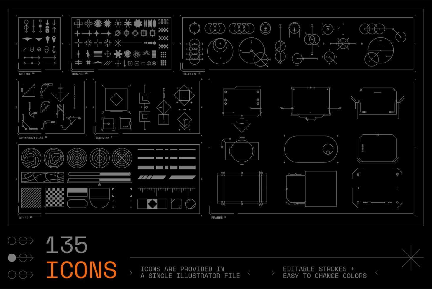 135 editable vector icons for designers, including arrows, shapes, circles, corners, and frames. Provided in Illustrator file. Easy to change colors.