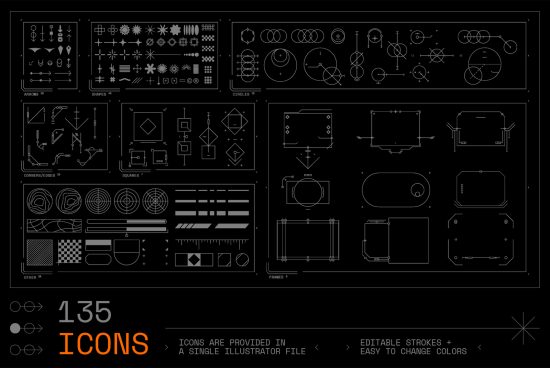 135 editable vector icons for designers, including arrows, shapes, circles, corners, and frames. Provided in Illustrator file. Easy to change colors.