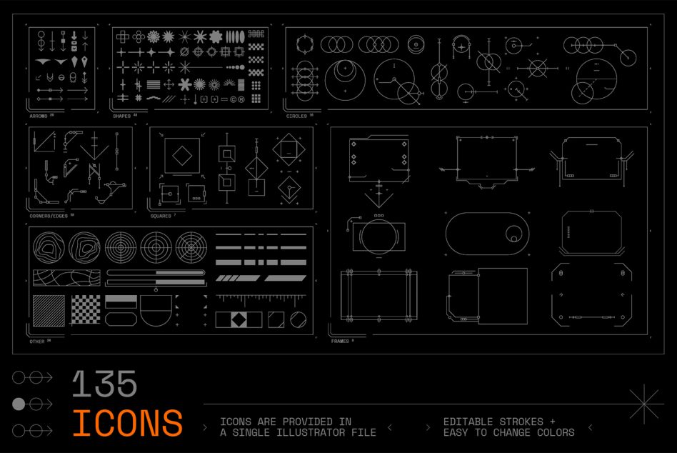 135 geometric icon library with arrows, shapes, circles, frames on black blueprint grid layout