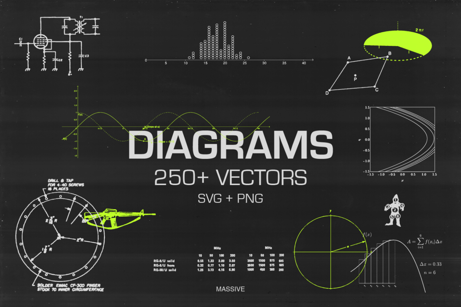 Diagrams vector set with 250 plus SVG and PNG graphics. Ideal for designers creating technical illustrations, schematics, and data visualizations.