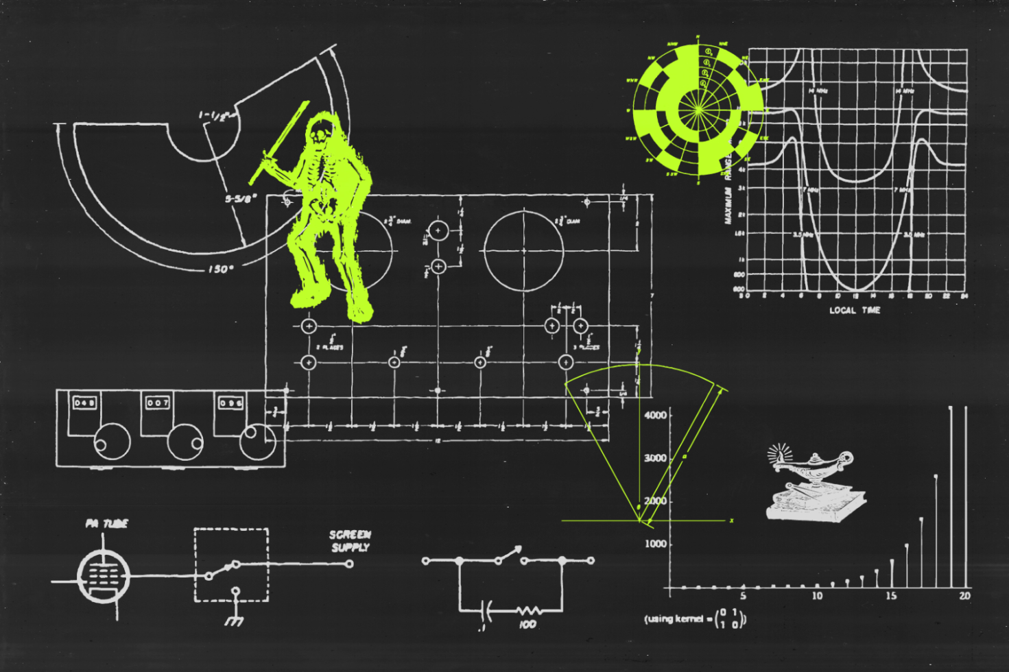 Technical drawing overlay with irregular neon yellow figure and graph elements, ideal for graphic design, mockups, and template usage. Engineering themes.