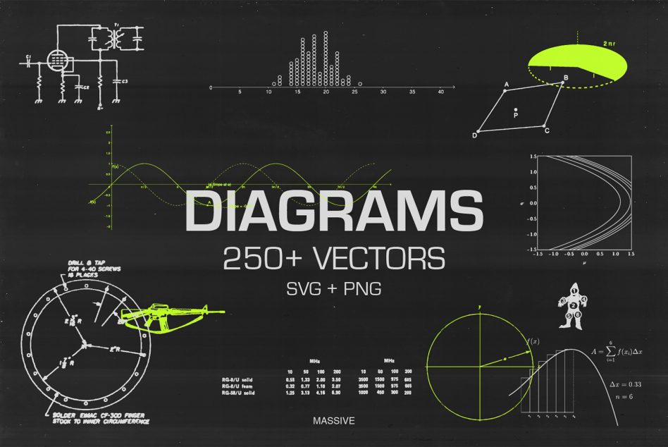 Diagrams vector pack with 250 plus elements in SVG and PNG for designers. Ideal for mockups, templates, and graphics. SEO keywords: diagrams, vector graphics