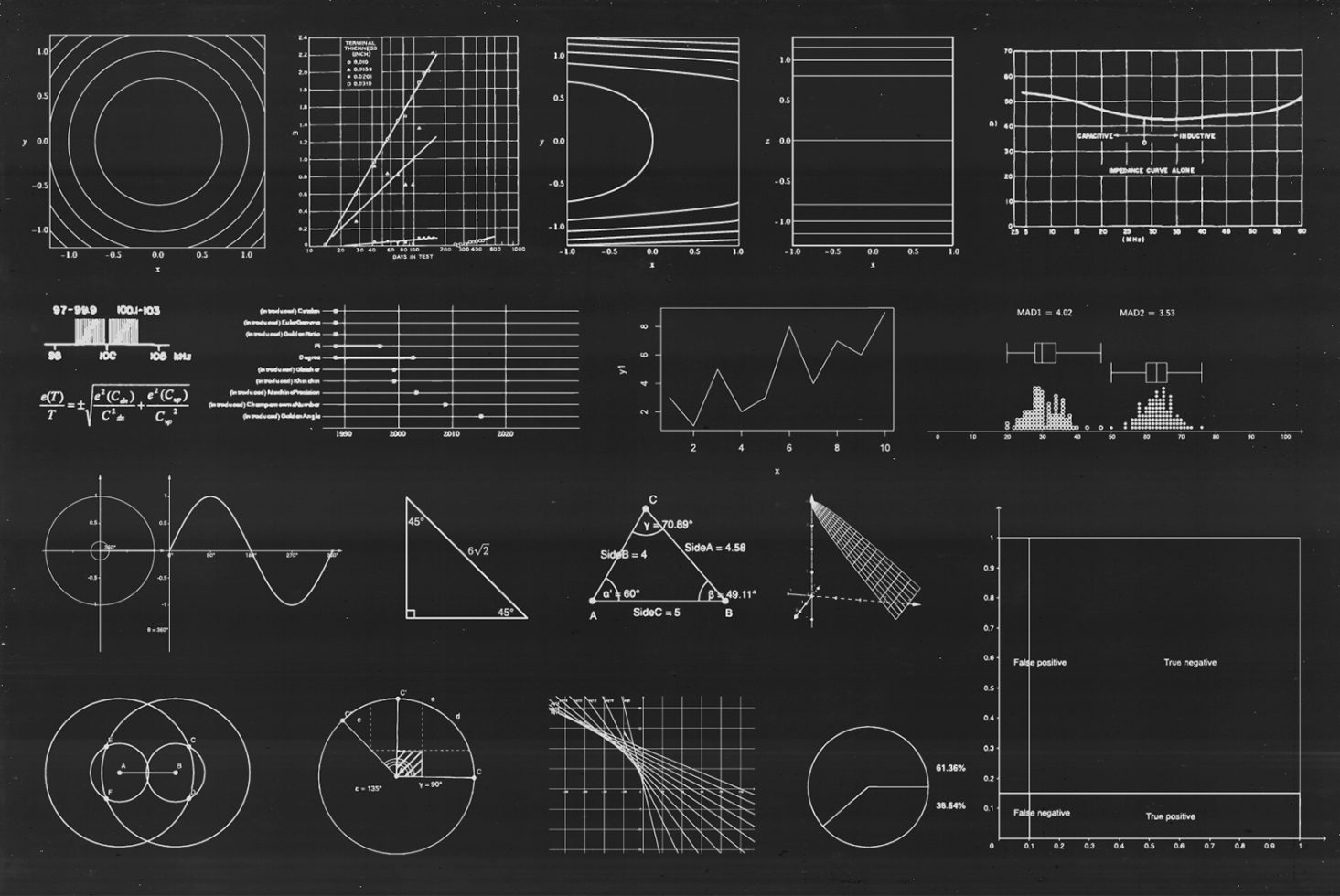 Collection of various chart types, graphs, and mathematical diagrams on a black background ideal for designers. Keywords: Graphics, Data Visualization, Design Resources.