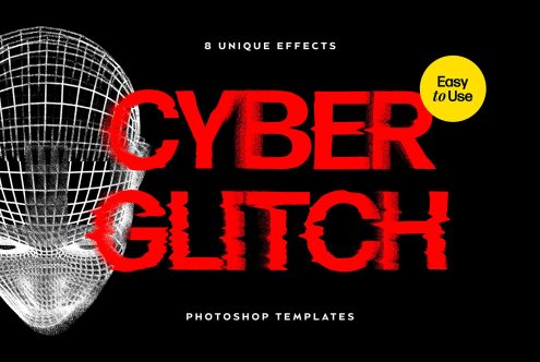 Cyber glitch Photoshop templates with 8 unique effects, featuring a digital wireframe head and bold red text. Easy to use. Perfect for designers.