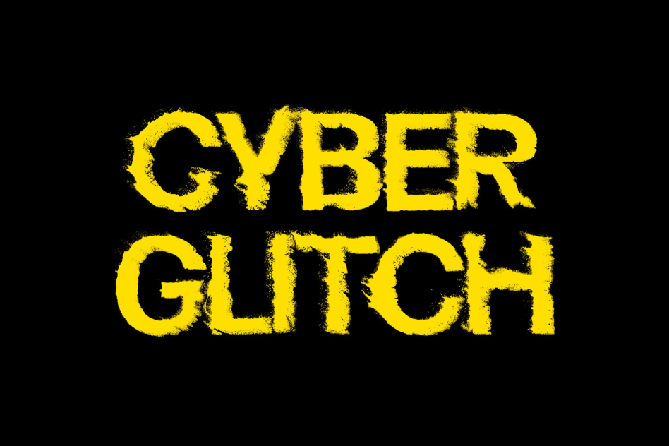 Cyber Glitch font with a distressed, futuristic design in yellow on a black background ideal for digital assets, mockups, templates, graphics, and fonts.