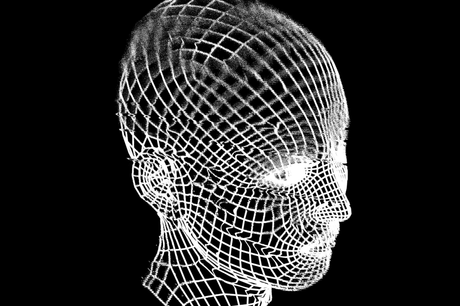 3D wireframe head profile illustration rendered in white on a black background. Ideal for graphic design, digital art mockups, and visual projects for designers.