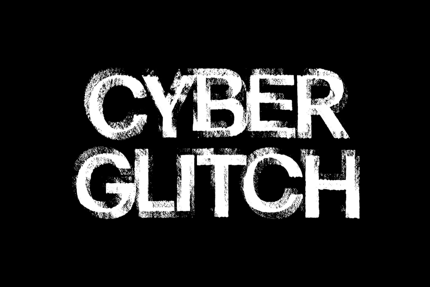 Cyber Glitch text in white grungy font on black background. Ideal for use in digital graphic design projects, templates, and mockups for designers.