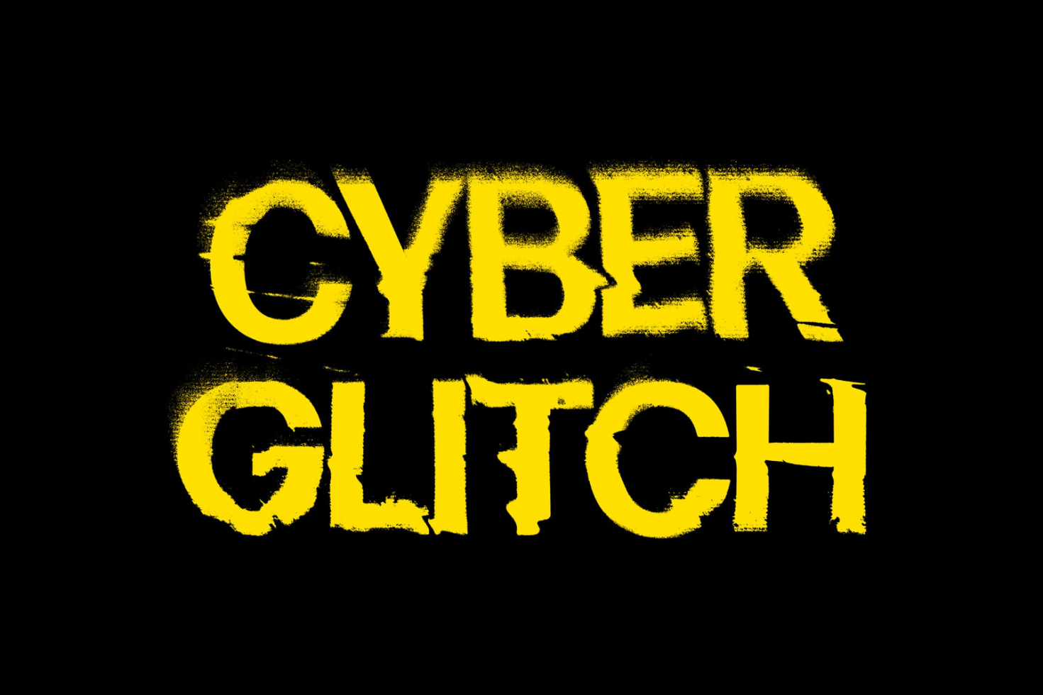 Yellow cyber glitch font with a distressed style on a black background ideal for design projects in graphics, typography, and digital art. Mockups Templates.